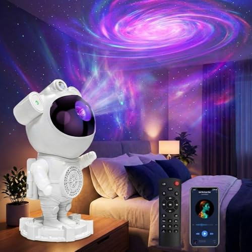 DEREGALOOS Astronauta Proyector Galaxia y Estrellas. Lámpara LED con Altavoz Bluetooth y Control Remoto. Luz Nocturna Infantil con Temporizador para Dormitorio y Fiestas. Diseño Moderno Blanco