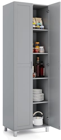 COSTWAY Küchenschrank hoch, 187 cm, Vorratsschrank mit 2 Türen & verstellbarem Regal, Mehrzweckschrank modern, Hochschrank Buffetschrank, für Küche Esszimmer Wohnzimmer (Grau)