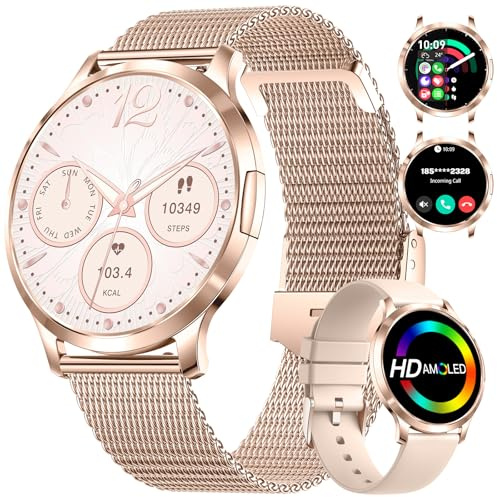 HIRREO Smart Watch Women for iOS Android Phone Call 7.9mm Thin 1.32 HD AMOLED Touchscreen Smartwatch Ladies Black Rose Gold,Calorie,100+ Sports Mode/Heart Rate/Sleep Monitor/Menstrual Cycle,2 Straps