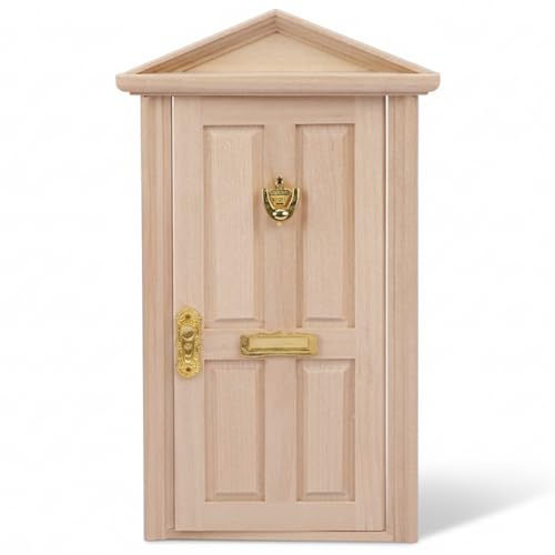 Mini porte, porte de maison de poupée avec quincaillerie fonctionnelle - Miniature en bois à l'échelle 1/12 avec dessus pointu, heurtoir doré, poignée et fente pour courrier pour meubles maison