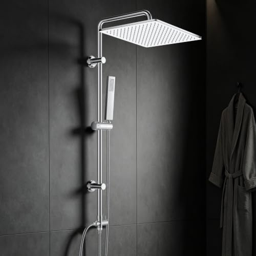 Görbach Regndusch duschsystem utan armatur, duschset i rostfritt stål med justerbar duschstång, huvuddusch 30 x 30 cm krom