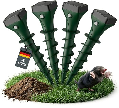 Maulwurf Vertreiber 4er, Maulwurfschreck Eingebauter Akku Ultraschall Wühlmaus Vertreiben, Wasserdicht IP65 Maulwurfschreck Solar Testsieger Effektive Abwehr gegen Wühlmaus, Schlange, Gürteltier
