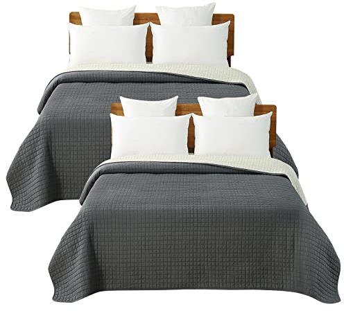 WOLTU 2X Tagesdecke Bettüberwurf Steppdecke 170x210cm Dunkelgrau-Creme Patchwork, Wendedesign Kariert Bettdecke Stepp Decke für Doppelbett unterfüttert und Gesteppt