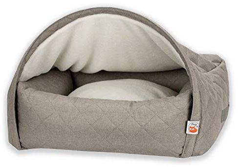 Patentierte Anti-Angst-Hundehöhle Beige, Katzen & kleine Hunde – beruhigend | Gestepptes Höhlenbett - kippsicher, ganzjährig atmungsaktiv, waschbar, OEKO-TEX-zertifiziert, wird zum Schlafsack