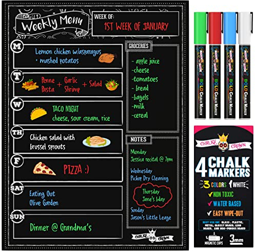 Chalky Crown - Meal Planner Board - Magnetic Dry Erase Menu Board for Fridge Includes 4 Liquid Chalk Markers - Weekly Meal Planner - Blackboard, Grocery List for Kitchen Refrigerator - Black