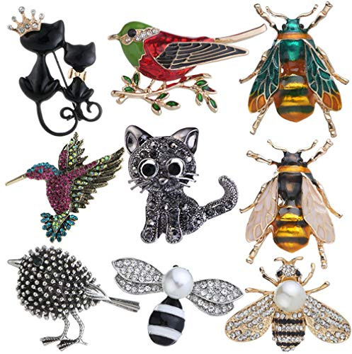 Ulalaza 9Pcs Cute Rhinestone Animal Insect Broche Pin Set Vintage Elephannt Cat Owl Ramilletes Bufanda Clips Accesorios de joyería para Damas