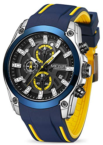 MEGIR Men's Analogue Sport Chronograph Luminous Quartz Watch with Fashion Silicone Strap, Blue/Silver, Quartz Watch,Chronograph