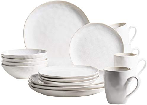 MÄSER Serie Frozen Set di stoviglie in Ceramica per 4 Persone, Combinato da 16 Pezzi con Forme organiche, Servizio Screziato, Gres porcellanato, Bianco