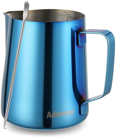 Jarra de espuma de leche, 600 ml, jarra de vapor de acero inoxidable para leche, café, capuchino, latte art, barista, jarra de leche con bolígrafo decorativo, azul