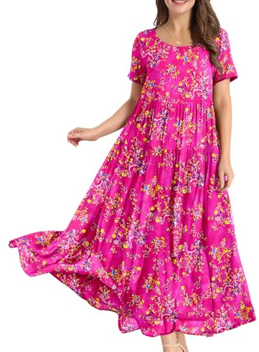 YESNO Women Dresses Casual Plus Size Bohemian Short Sleeve Floral Long Maxi Summer Beach Swing Dress/Pockets EJFUK | Lightweight breathable fabric, loose flowy maxi fit. Versatile summer dress for beach, vacation and daily casual wear