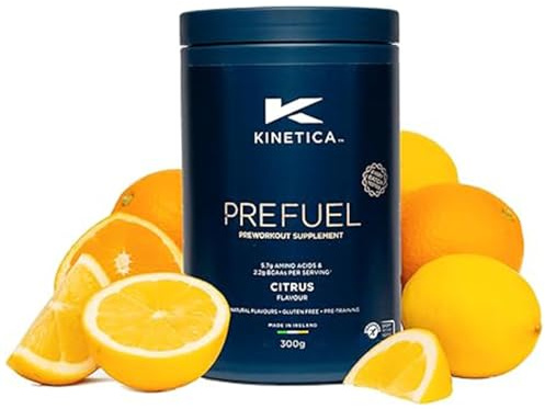 Kinetica Sports Prefuel Pre Workout- Zitrus | 5.7g Aminosäurenmischung, 2.2g BCAA & 92mg Koffein/Portion, 30 Portionen/300g | Mit wichtigen Vitaminen & Mineralien | Unterstützt Leistung & Energie