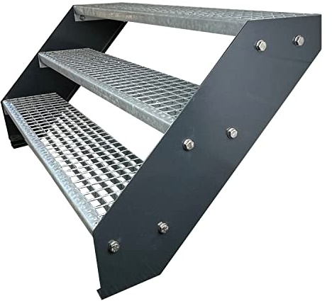 Kaminbau Mierzwa Premium Stahl Treppe Verzinkt & Anthrazit Pulverbeschichtet 3 Stufen (Breite 80 cm) (Höhe 57 cm) Wetterfest Gitterroststufe Gartentreppe