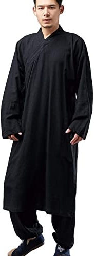 NFYM Men Shaolin Monk Kung fu Robe Costume Cotton Linen Long Gown Meditation Suit Zen Buddhist Vest, Black, Large