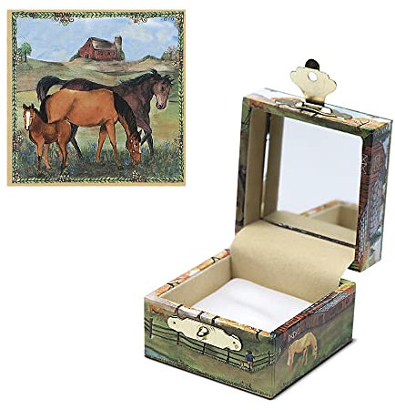 Enchantmints Schatztruhe und Kinder-Schmuckschatulle, kleine Schmucktruhe mit Spiegel und weichem Satin-Kissen, Pferde-Ranch, originelles Aquarell-Kunst-Design, ideal zur Aufbewahrung kleiner Schätze