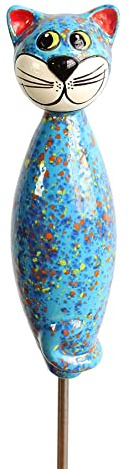 Manufaktur Lichtbogen Gartenfigur Katze aus Keramik 30 cm Dekofigur getöpferte Gartendeko hellblau