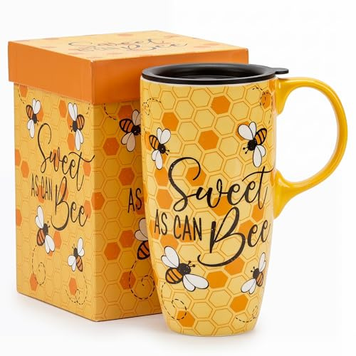 DUSVALLY 17oz Ceramic Travel Mug with Lid, Honey Bee Coffee Mug | Large Ceramic Coffee Mug with Handle • Honey Bee Farmhouse Design • Microwave & Dishwasher Safe • Gift Box Included