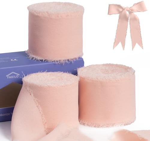 Rosa Schleife, Chiffon-Band zum Verpacken von Geschenken, FAKILO Fransenband, 3 Rollen 3,8 cm x 19,5 m Vintage-Band-Set für Hochzeitseinladungen, Geburtstags-/Urlaubsparty-Dekorationen, Brautsträuße