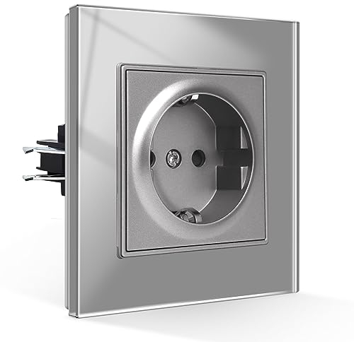 CNBINGO Enchufe Schuko empotrable con garras, enchufe individual de cristal templado, color gris, enchufe de pared con toma de tierra, 1 compartimento, 16 A, 250 V