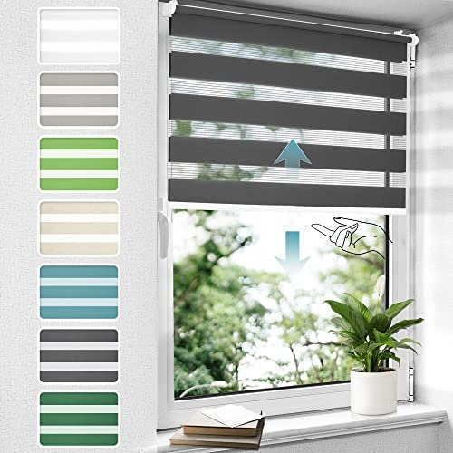 Doppelrollo schnurlos Klemmfix ohne Bohren Duo Rollos für Fenster & Tür, 45x120cm (BxH) Anthrazit, Drücken Und Ziehen Springrollos Klemmrollo ohne Schnur lichtdurchlässig & Blickdicht
