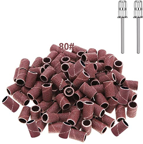 Yoezuo 100 Pcs Nail Sanding Bands, Grit Nail Art Sanding Bands, 80 Grit Nail Files with 2 Pcs Nail Drill Bits for Electric Nail Files Nail Drill Machine Manicure Pedicure