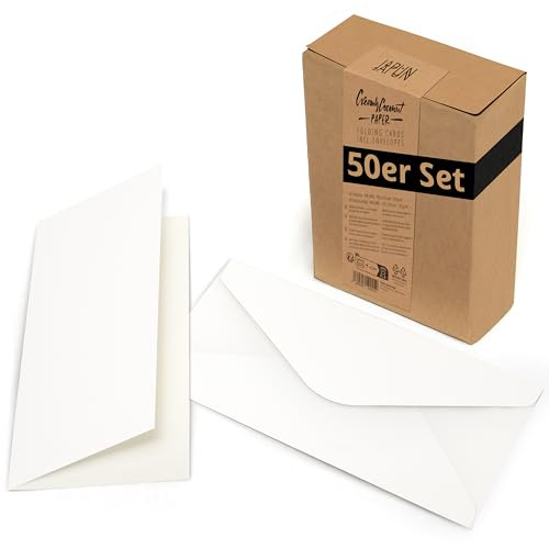 Japun - juego de 50 tarjetas plegables en blanco que incluye sobres, tarjetas plegables para diseñar, etiquetar o imprimir - DIN largo - blanco