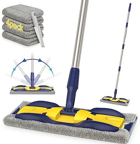 MEXERRIS Microfiber Mops for Cleaning Floors - Floor Flat Mop with 59 Stainless Steel Handle 4 Reusable Refills and 1 Scrubber - Dry Dust Mop for Hardwood Laminate Tile Vinyl Commercial Home Use