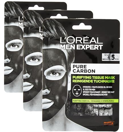 L'Oréal Men Expert Pure Charcoal Purifying Tissue Face Mask for Men 30g (Pack of 3)