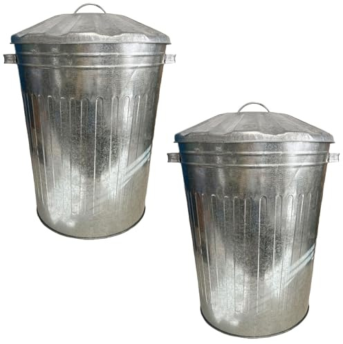 Cubo grande de metal galvanizado con tapa + asas para almacenamiento de residuos y piensos de animales, 2 unidades
