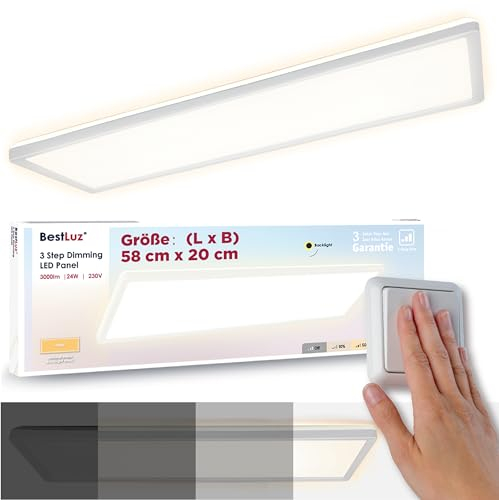 BestLuz Plafoniera a LED Piatta, 58x20CM 24 W 3000 LM Dimmerazione 3 Livelli Luce Bianca Neutra 4000K Rettangolare con Effetto Retroilluminazione, Per Bagno, Camera da Letto, Soggiorno, Cucina