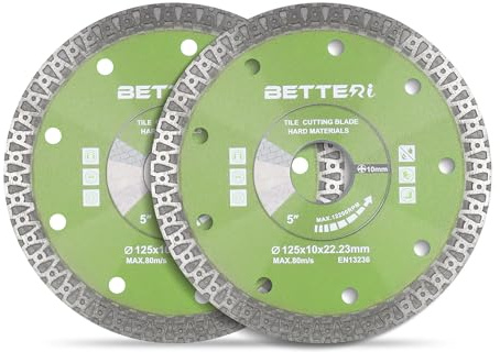 BETTERI 2 Stück Diamantscheibe 125mm x 22,23mm Extra Dünn, Diamant Trennscheibe 125 für Trennschneider & Fliesenschneider, zum Schneiden von Harte Fliesen, Keramik, Marmor, Segment: 10 mm