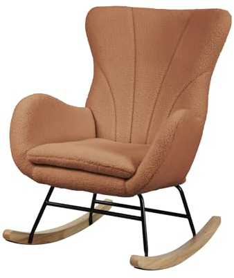SVITA Knut Schaukelstuhl Schaukelsessel Schwingstuhl Wohnzimmersessel Holzkufen bequem gepolstert mit Armlehnen Teddyboucle modern skandi Braun