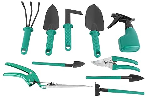 10 Pezzi Attrezzi da Giardino Set Attrezzi Manuali Kit Metallo Verde con Cassetta Degli Attrezzi Plastica, Attrezzo da Lavoro da Giardinaggio per Giardino Paesaggistico