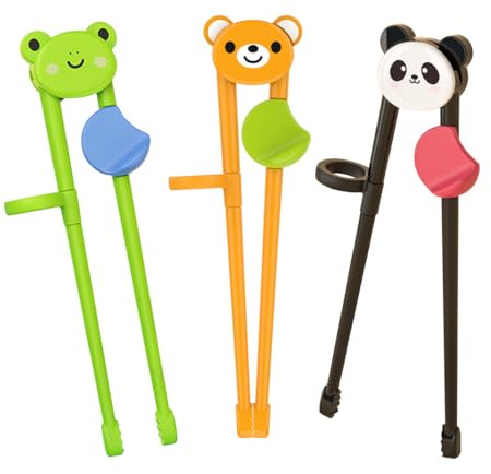 PandaEar 3 PairsTraining Chopsticks for Kids - Reusable Learning Helper for Toddlers Aged 2-8, Left or Right Handed Use, Dishwasher Safe Animal Set with Removable Bridges & Finger Guides