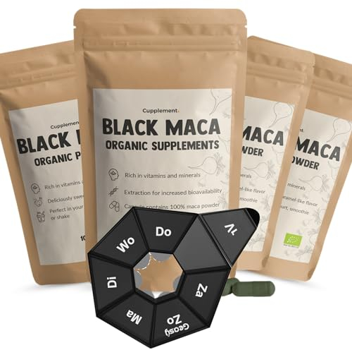 Cupplement 400 Black Maca Kapseln Kostenlose Pillendose BIO - Höchste Qualität 500 MG Pro Kapsel - Keine Pulver, Arginin, Tabletten, Extrakt oder Gelb Karotte - Superfood - Peru - Wurzel - Maka