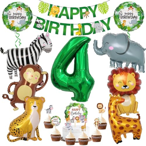 Sprinlot Djungeldekoration, 4:e födelsedagen, 4 år barns safaridjur folieballonger, 17 stycken vilda festdekorationer, skogsdjur gröna ballonger för flickor pojkar barn