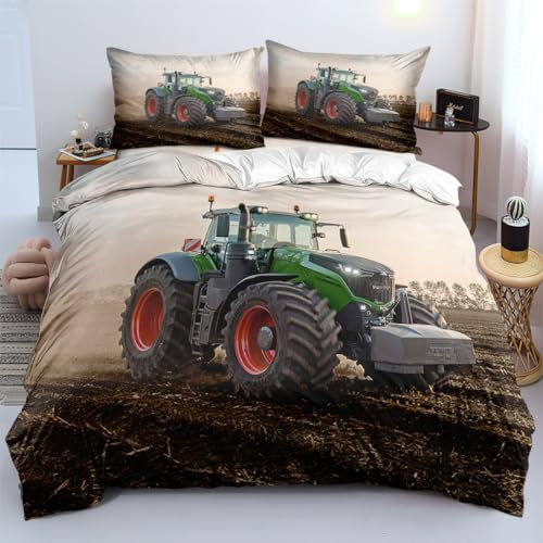 Bettwäsche 150x200 Kinder Traktor Bettbezug Set 3 Teilig Microfaser 3D Traktoren Bauernhöfe Mähdrescher Motiv Modern Bettdeckenbezug + 2 Kissenbezüge 80x80cm Mit Reißverschluss und Eckbändchen