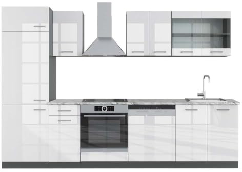 Vicco Küchenzeile R-Line, Weiß Hochglanz/Anthrazit, 300 cm | 8 Module · Höhenverstellbare Füße · AP Marmor inkl. · Robuste Fronten · Mit Kühlschrankumbauschrank · Frei kombinierbar