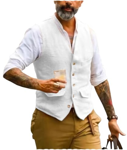 AeoTeokey Men's Summer Linen Waistcoat Suit Vest V-neck Vintage Formal Fashion Vest Regular Fit(White,M)