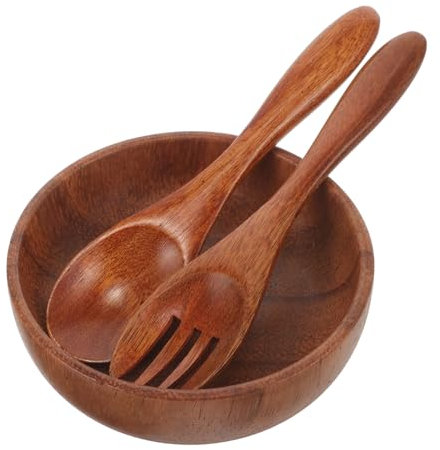 LABRIMP Acacia Wood Salad Bowl Set Spoon and Fork 8x4cm Wooden Fruit Bowl Food Container for Home Serving Mixing