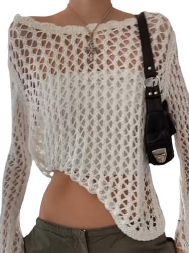 Suéter de Capucha de Ganchillo para Mujer Camiseta de Manga Larga de Malla Recortada Camisa de suéters de Malla Transparente, Ropa de Calle Sexy para Club Ropa de Playa (Blanco,M)