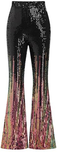 FYMNSI Damen Glitzer Pailletten Schlaghose High Waist Weites Bein Hose Elastische Taille Leggings Hippie 70er 80er Jahre Mottoparty Disco Rave Tanz Outfit Karneval Fasching Halloween Kost�m Bunt XL