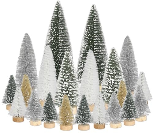 21 Stück Mini Tannenbaum Deko, Künstlich Miniatur Weihnachtsbaum, Klein Christbaum Grün Silber Weiß Gold 4.5/10/15cm Tree für Weihnachtsdeko Tisch, Winterdeko, Weihnachtsdorf Zubehör DIY