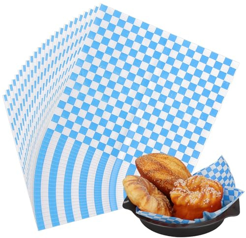 APACALI 300 Sheets Greaseproof Paper Sheets 28 x 26cm, 11 x 10 Wax Burger Paper Sheets, Checkered Basket Liners for Sandwich Hamburgers Fries Cake, Blue