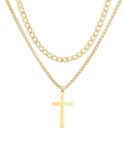 AFSTALR Kreuz Kette Herren Kreuzkette Edelstahl Layered Kreuz Kette Kubanische Kette mit Kreuz Kastenkette Halskette, Kreuz Schmuck Geschenke Gold/Silber/Schwarz für Männer 18/20/22/24 Zoll