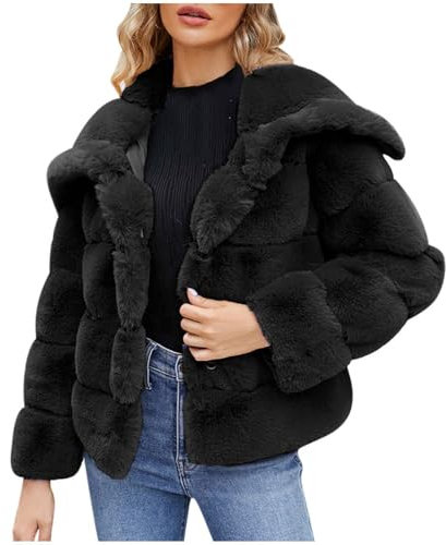 Komiseup Winterjacke Damen, Fleecejacke Damen, Kunstpelz Jacke Mantel Offener Front Crop Wintermantel Kurze Plüschjacke mit Kapuze Elegant Dick Pelzmantel Kunstfell Oberbekleidung Faux Pelz Coat 31