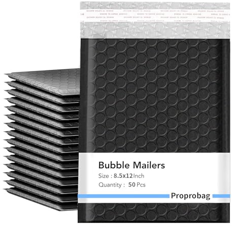 Proprobag 8.5 x 11 Bubble Mailers 50 Pack - Outer Size 9x12 Heavy Duty Black Padded mailer with Self Seal, Waterproof Shipping Envelopes, Bubble Wrap Protection for Ecommerce, Non See Through