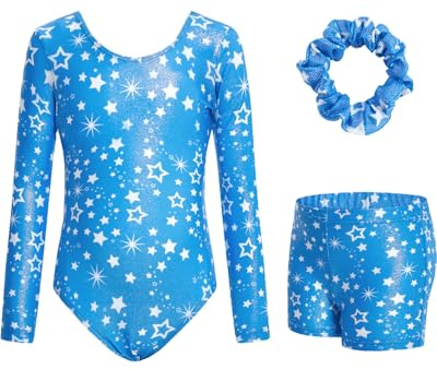 JiAmy Gymnastikdräkt för flickor, långärmad, glittrig atletisk leotard med shorts, 3–12 år, Blå stjärna, 3-4 Years