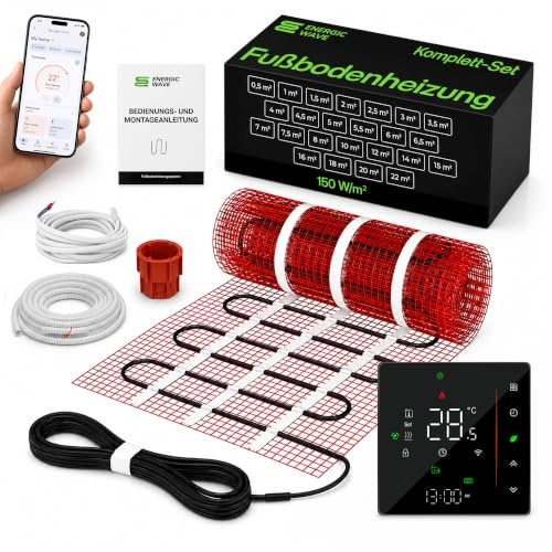 Elektrische Fußbodenheizung 150 W/m² – Heizmatte Komplettset mit WLAN-Thermostat, Fußbodenheizmatte für Fliesen, Steinzeug, Steinböden – 8m²