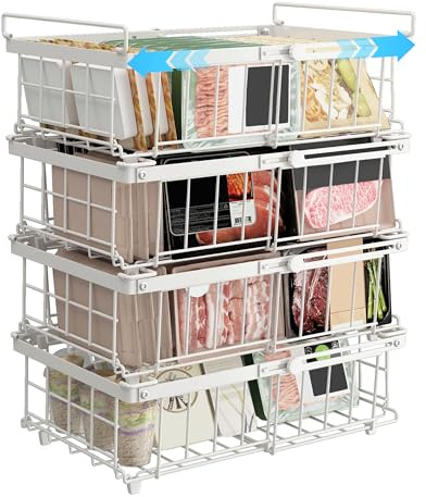 UMDONX 4 pezzi cestini congelatore petto Bianco - Maniglia impilabile cestini congelatore, facile accesso, per 283L a 566L congelatore, organizzare gli ingredienti congelati