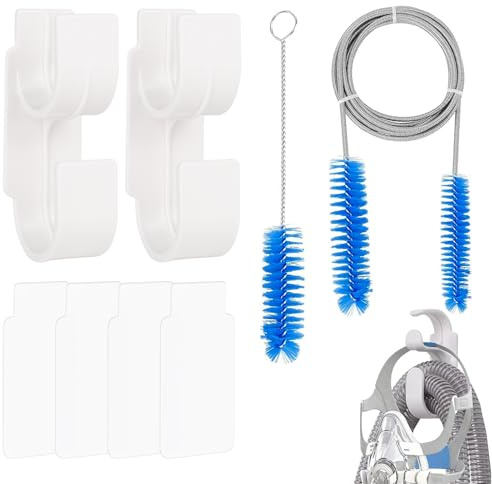 Rzspher 2 Stück CPAP Schlauchhalter, mit 4 Selbstklebenden Rückseiten, 2 Stück 8 in 1 CPAP rohrbürste, Bürstendurchmesser 15 mm und 19 mm, Zubehör zur Reinigung und Pflege bei Schlafapnoe